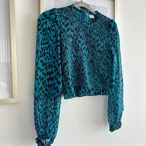 Aritzia Wilfred Lilith Animal Print Blouse Teal Blue Black S - Picture 4 of 10